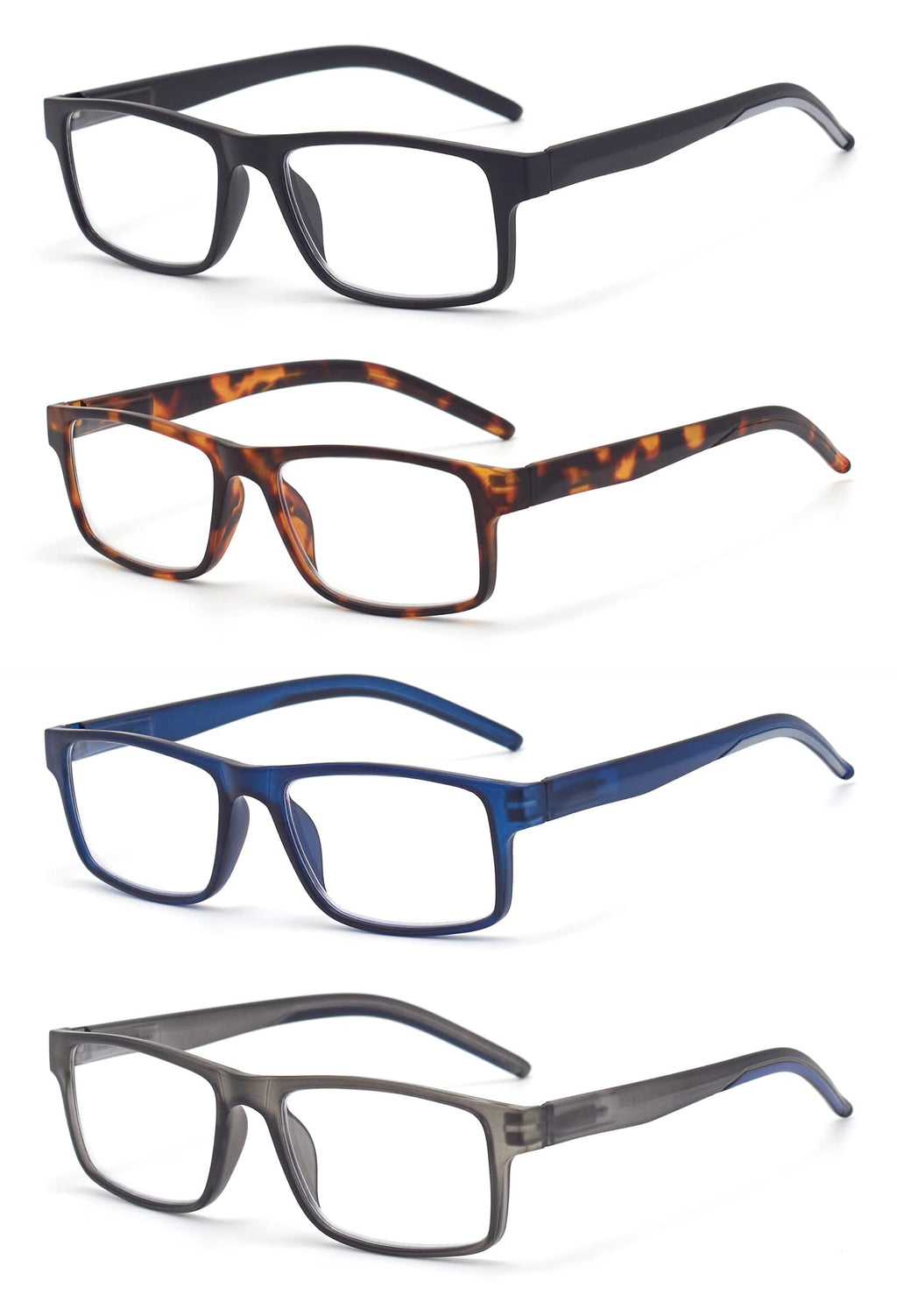 Colloddiss 4-Pack Reading Glasses for Men Women, Spring Hinge Readers Glasses, Blue Light Blocking Eyeglasses SR20523, Black Blue Gray BrownTortoise 1.75 x