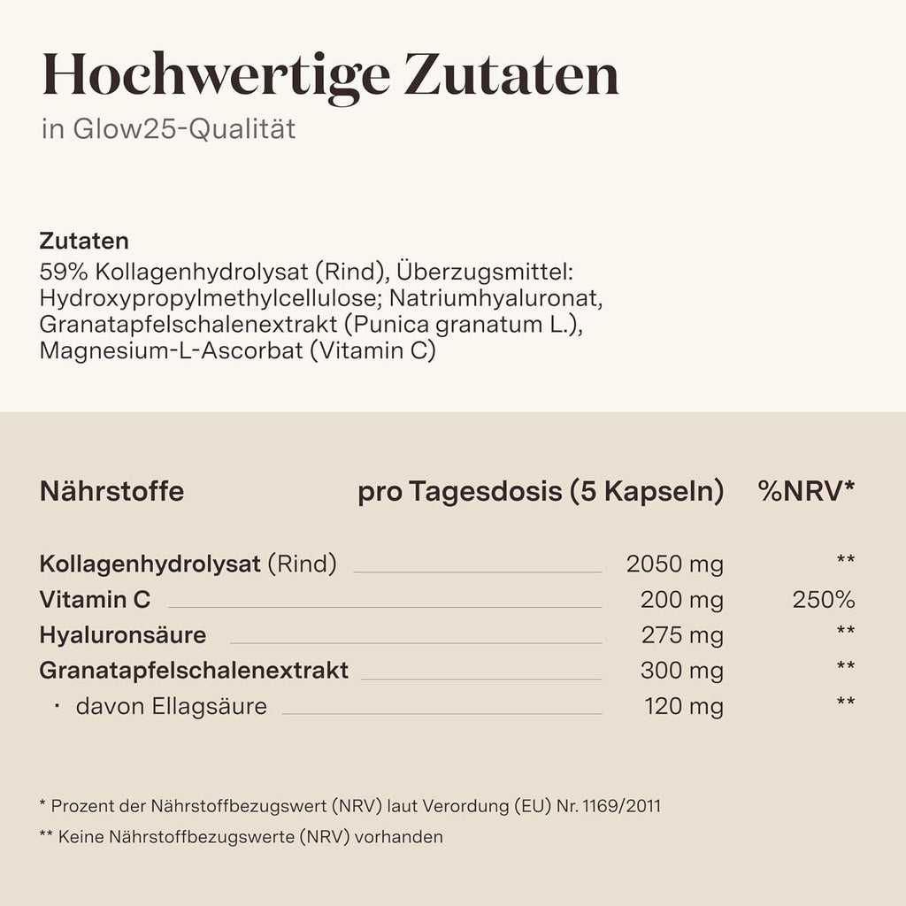 Glow25® Kollagen Kapseln hochdosiert [180 Kapseln] mit Hyaluronsäure und Vitamin C | Premium Collagen Complex für eine schöne Haut | Ohne Zusatzstoffe | Laborgeprüft | Made in Germany
