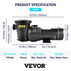 VEVOR Swimming Pool Pump, 1.5 HP 115 V, 1100 W Single Speed Pumps for Above Ground Pool w/Strainer Basket, 5280 GPH Max. Flow, Certification of ETL for Security