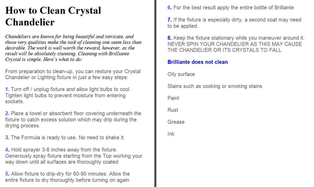 BRILLIANTE Crystal Chandelier Cleaner Manual Sprayer 32oz Environmentally Safe, Ammonia-Free, Drip-Dry Formula, Made in USA (1)