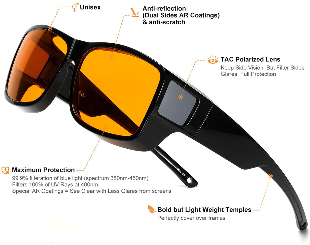 CAXMAN 99.9% Blue Light Blocking Glasses Sleep Glasses Orange Tinted Lens for Good Sleep Fit Over Glasses Fully Covered Your Eyes Black