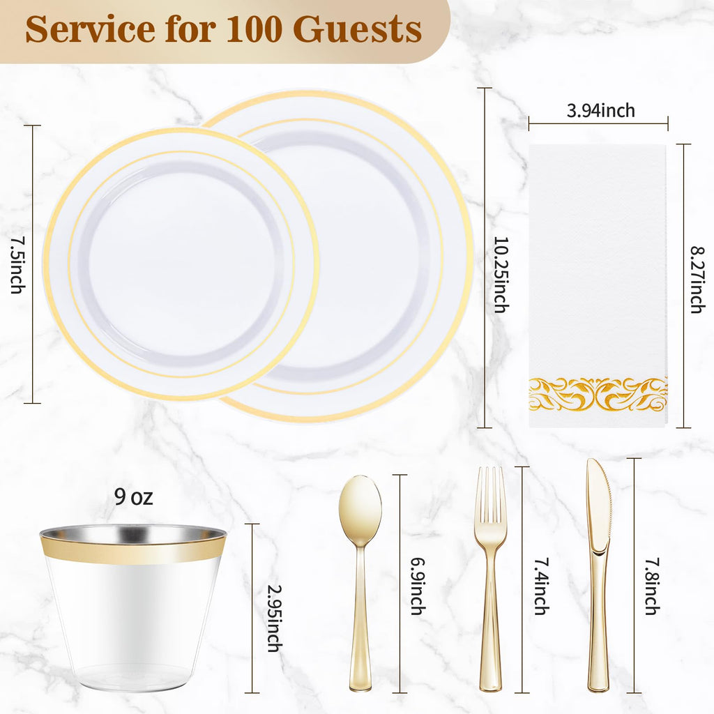 BESTVIP 700 PCS Disposable White and Gold Plastic Plates for 100 Guests