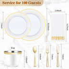 BESTVIP 700 PCS Disposable White and Gold Plastic Plates for 100 Guests