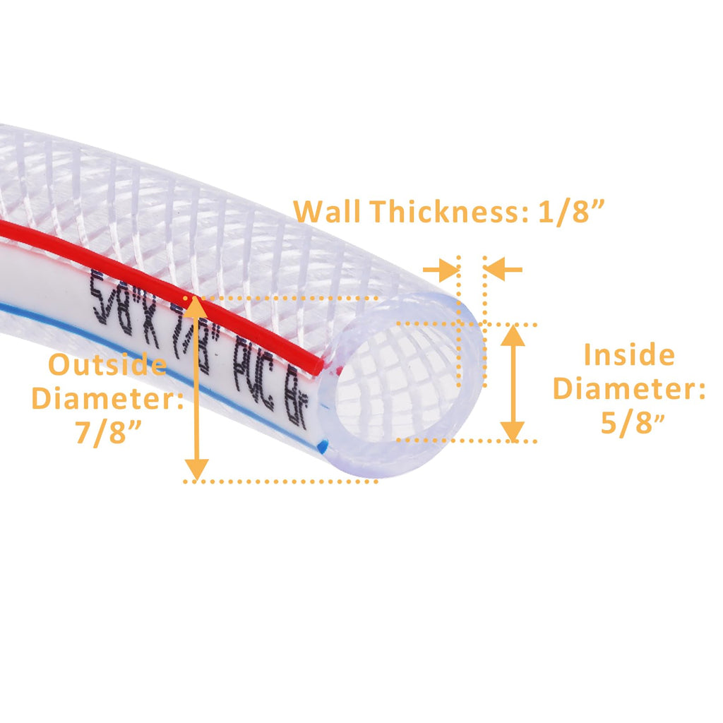 DERPIPE Soft Braided PVC Tubing - 5/8" x 7/8" OD High Pressure Clear Flexible PVC Tube Reinforced Vinyl Hose for Water, Oil with 2pcs Hose Clamps (10Ft)