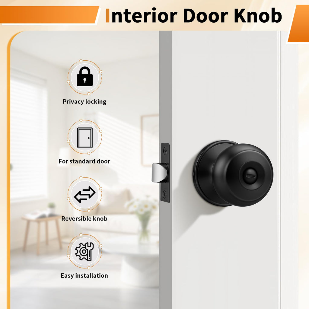 Probrico Bathroom Door Knobs, 10 Pack Interior Door Handles Privacy Function, Keyless Doorknob for Bedroom Bath, Matte Black Finish Door Knob with Solid Latch