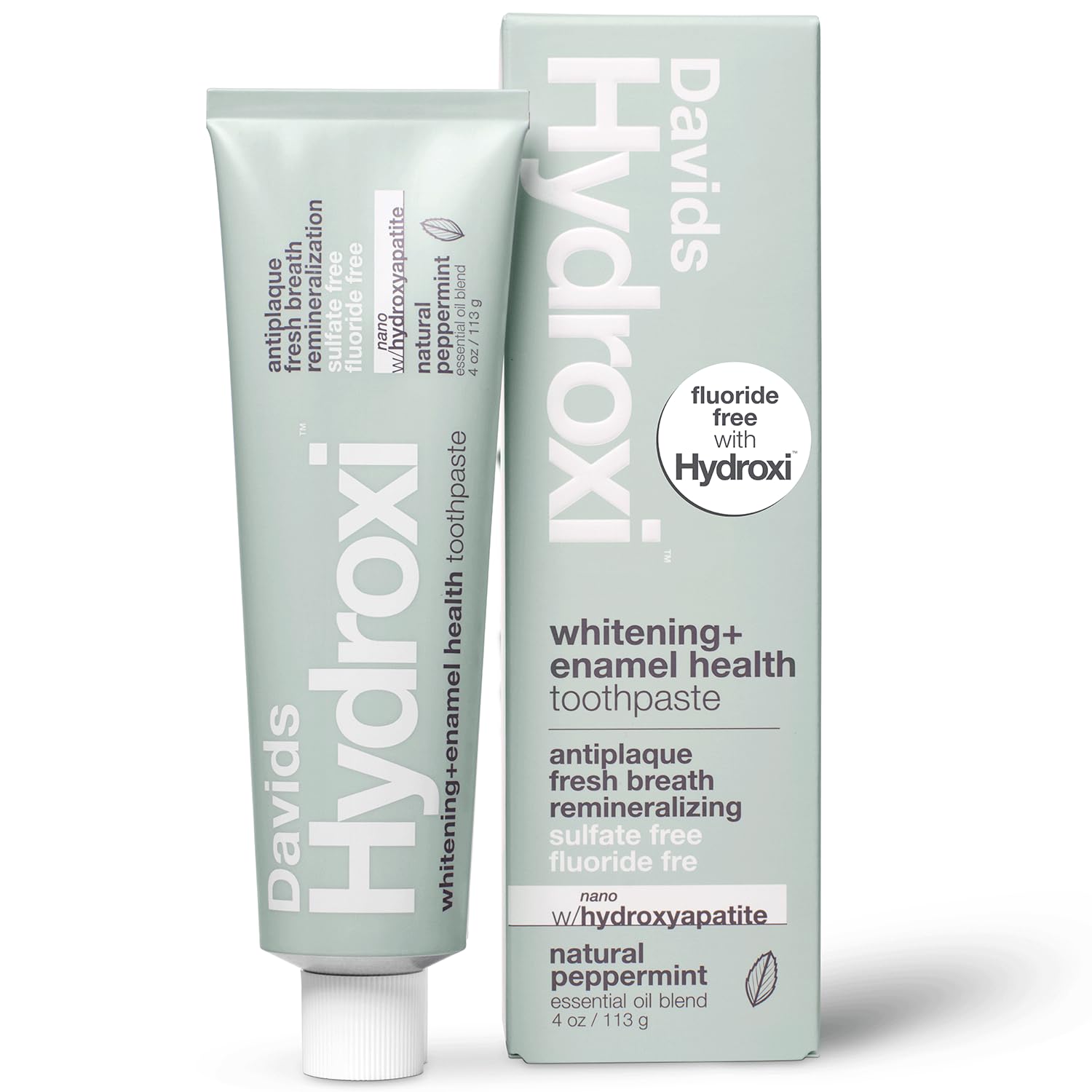Davids Hydroxi Fluoride Free Nano Hydroxyapatite Whitening + Enamel Health Toothpaste, Antiplaque, Fresh Breath, Remineralizing, SLS Free, Natural Peppermint, 4 oz, Made in USA
