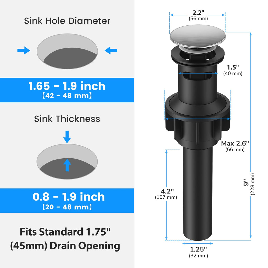 Bathroom Sink Drain with Overflow, Hurran Universal Bathroom Sink Stopper for Bathroom Vanity Vessel Sink, Plastic Pop-up Sink Drain with Hair Catcher Anti-Clog Strainer, 2 Pack, Brushed Nickel