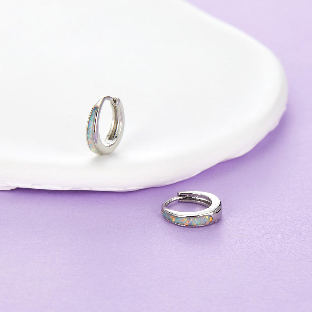 Silver Earrings for Women Trendy White Opal Huggie Earrings Small Silver Hoop Earring 14k Gold Plated Opal Jewelry Birthday Gifts for Women Mom Her