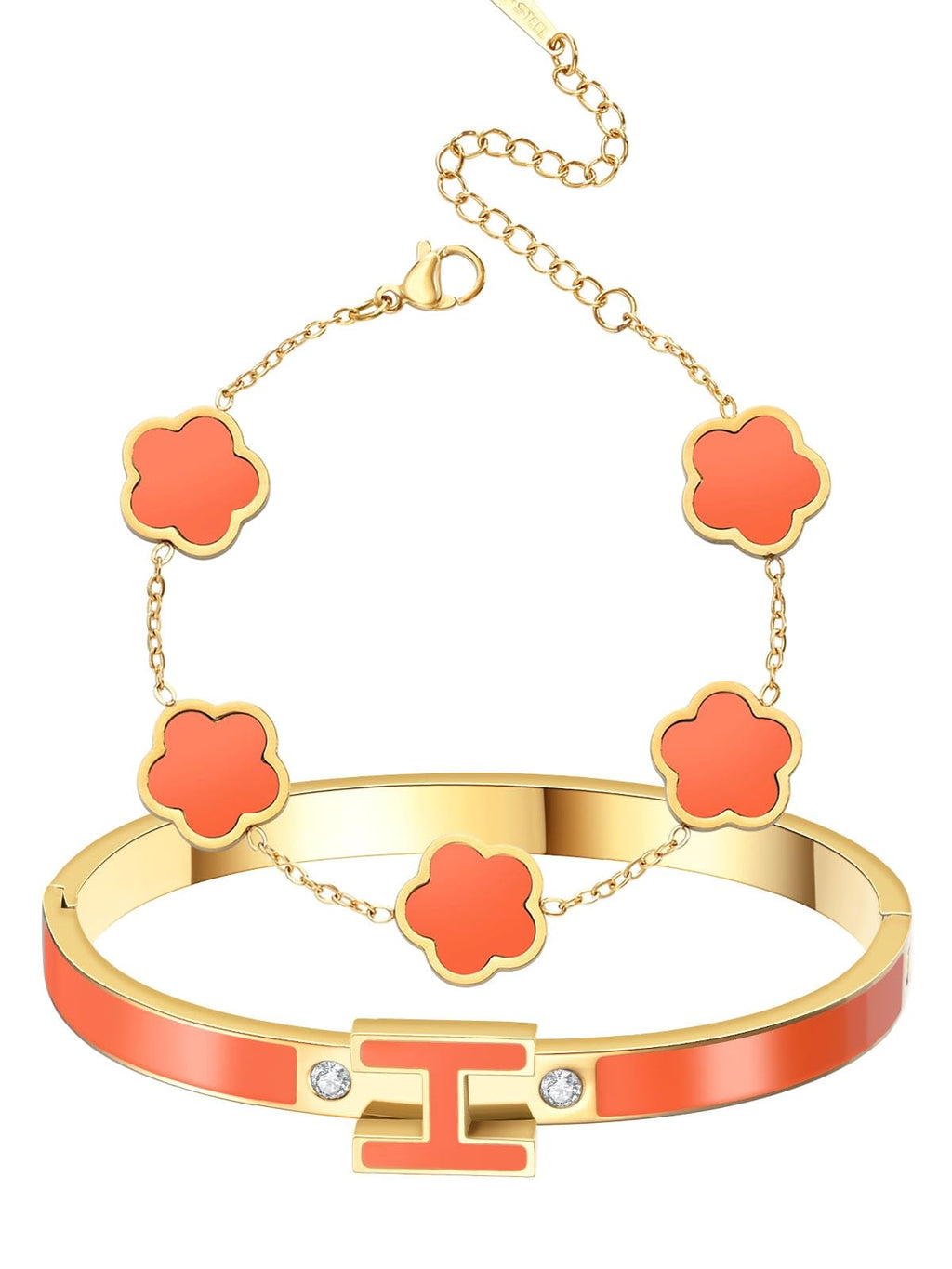 fekang Gold H Bangle & Clover Bracelet for Women -Orange bracelet Set