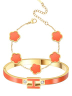 fekang Gold H Bangle & Clover Bracelet for Women -Orange bracelet Set