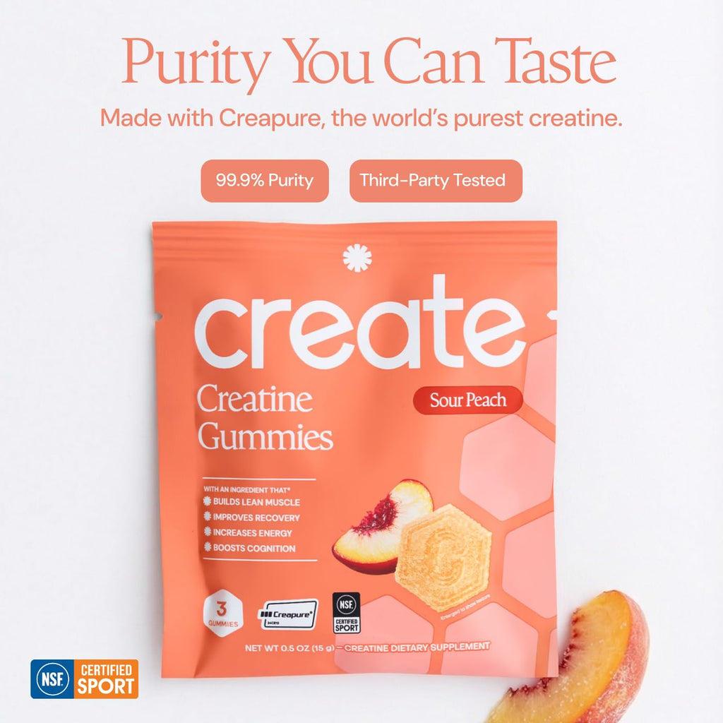 Create Creatine Gummies for Men & Women – NSF Certified, Made with Creapure Creatine Monohydrate, Great Tasting, Anti-Melting Formula, 30ct Standup Pouch, 90 Gummies (Sour Peach)