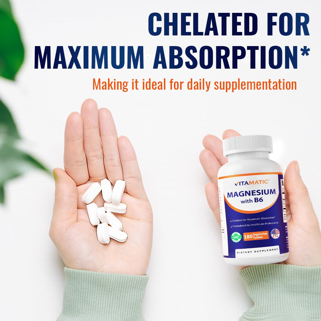 Vitamatic Magnesium with B6-180 Vegetarian Tablets (Uncoated) - Added B6 for Maximum Absorption - Supports Muscle, Joint, and Heart Health - 2 Pack