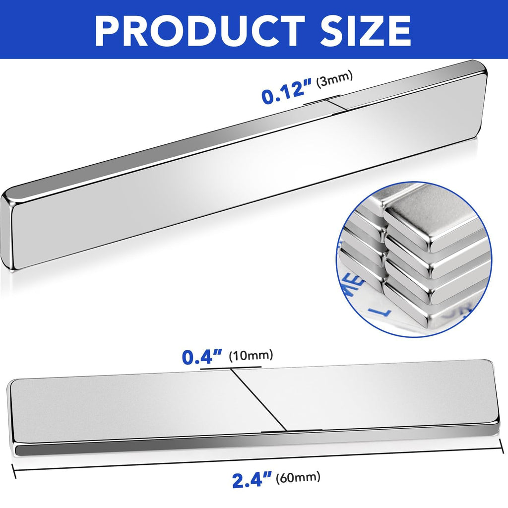 MIKEDE 6Pcs Neodymium Magnets with Adhesive Backing 60x10x3mm Silver