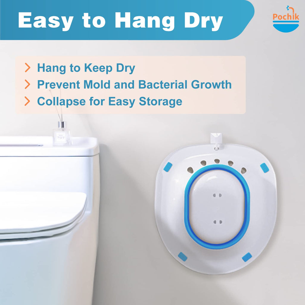 Pochik Sitz Bath for Toilet Seat Hemorrhoids and Postpartum Care, Yoni Steam Seat, Perineal Soaking, Collapsible, Flusher Hose, Drain Holes, Wider Seating Area - Blue