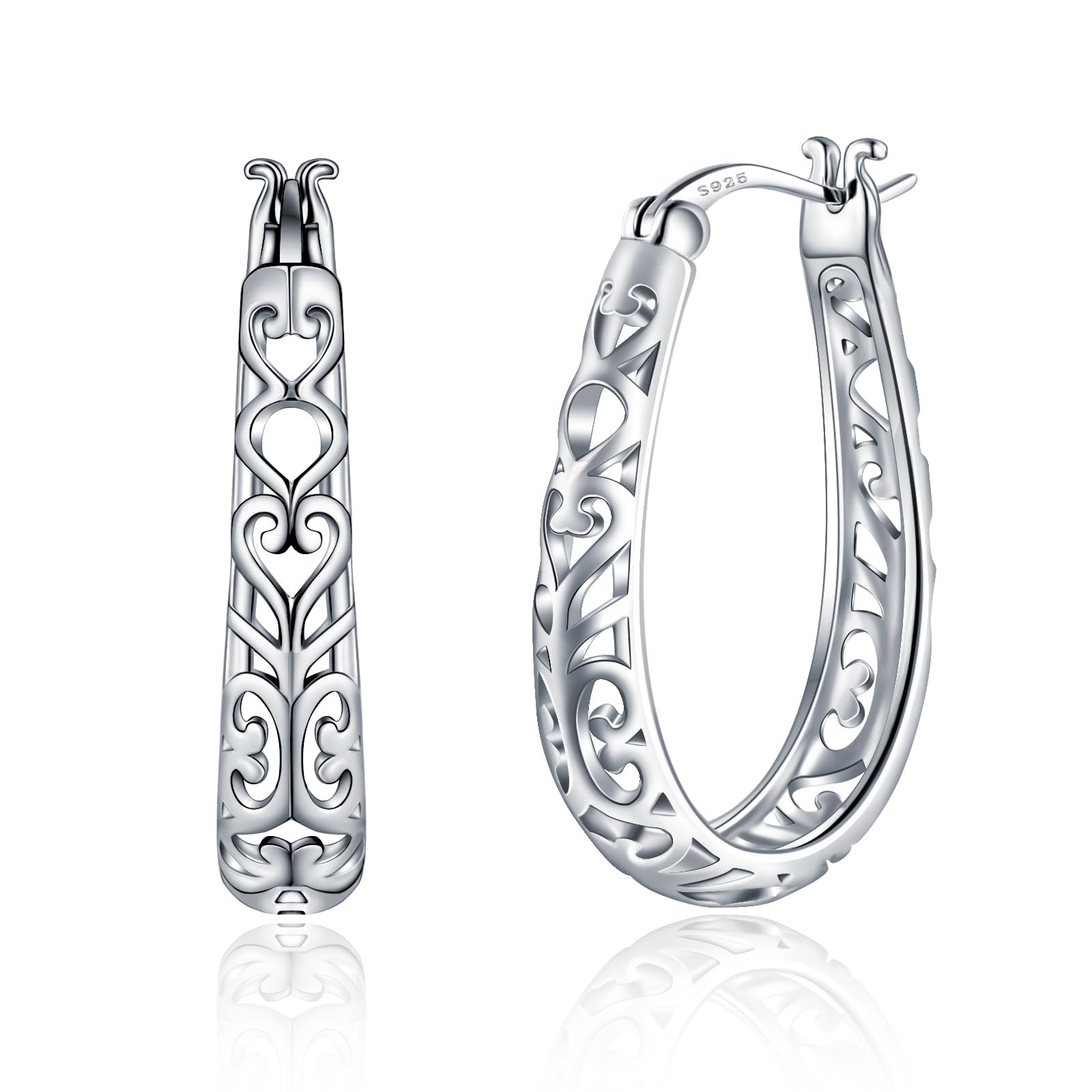 JSGEMSLEE Vintage Filigree Hoop Earrings 925 Sterling Silver Lightweight Oval Hoop Earrings for Women Hypoallergenic Earrings