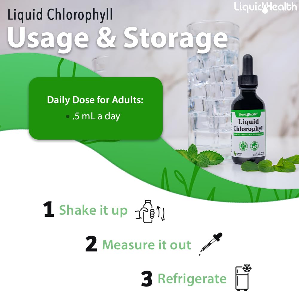 LIQUIDHEALTH Liquid Chlorophyll Drops - Internal Deodorizer, Antioxidants, Liver Detox, Immune Support, Relieve Bad Breath, Reduce Appetite, Collagen for Hair & Skin Health - Vegan, Non-GMO (2 Pack)