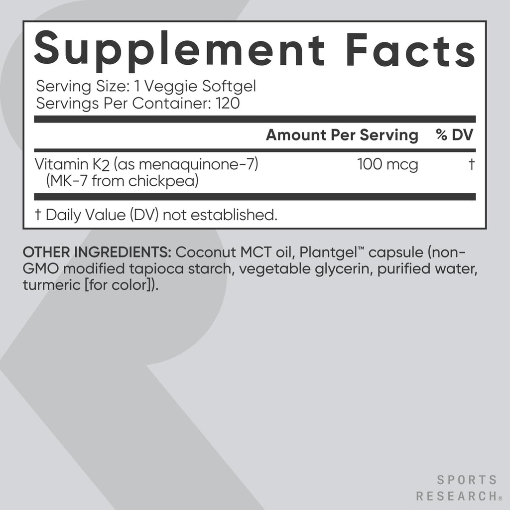 Sports Research Vitamin K2 as MK-7 100mcg with Coconut MCT Oil - 120 Veggie Softgels (4 Month Supply) Vegan Certified, Non-GMO Verified, Gluten & Soy Free