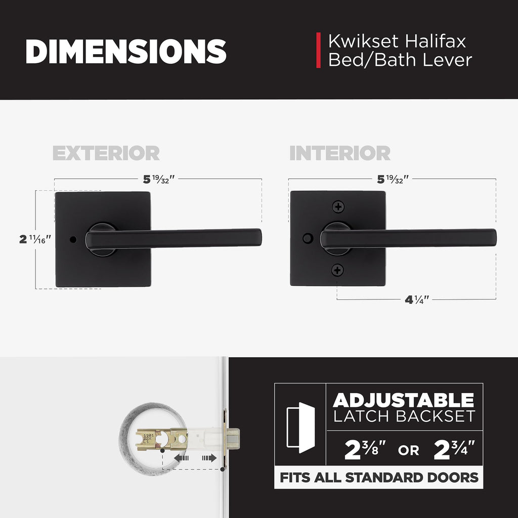 Kwikset Halifax Interior Privacy Door Handle with Lock, Door Lever for Bathroom and Bedroom, Matte Black, Reversible Keyless Turn Lock, with Microban Protection, 4 Pack