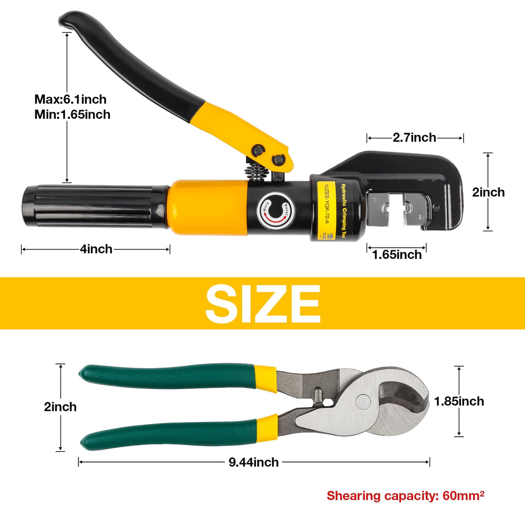 YUZES Hydraulic Crimping Tool and Cable Cutter, 12 AWG to 00 (2/0), 10 Tons Battery Cable Crimper Tool with 9 Crimping Dies, Crimping Tool for Cable Lug, Wire Terminal Lug