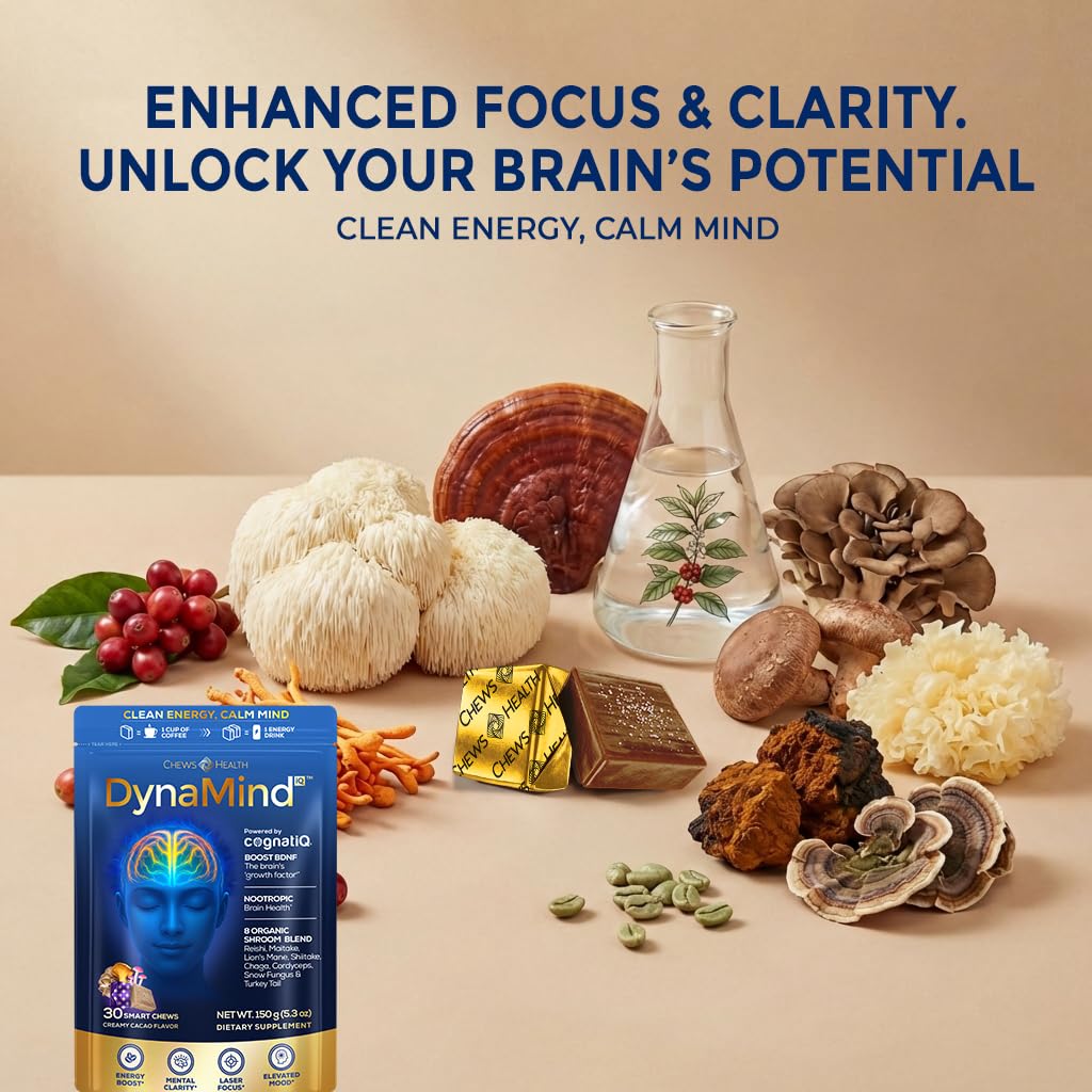 DynaMind iQ Brain Supplement for Memory and Focus for Adults - Nootropic Chews | Coffee Fruit & Mushroom Supplement Blend, Memory Focus Supplement, Caffeine Focus Pills Alternative, 30 Count