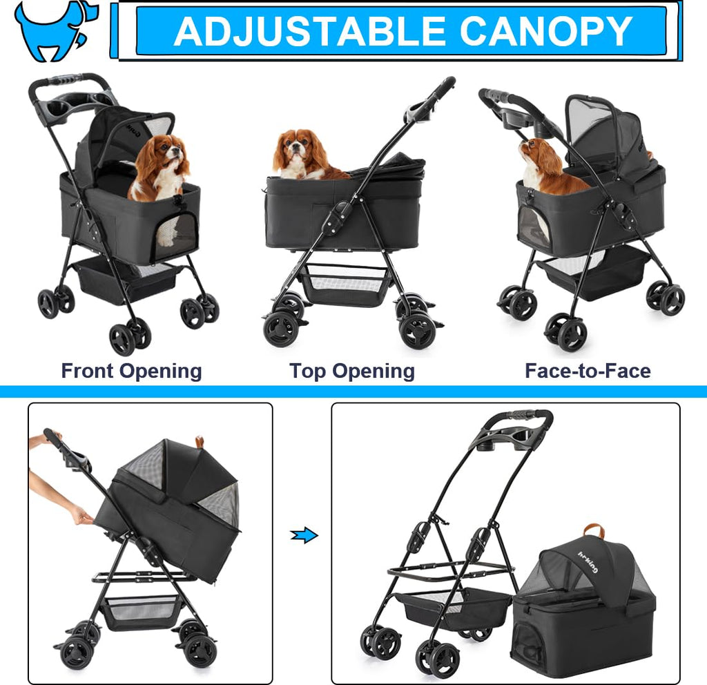 LPOTIUS 3-in-1 Pet Stroller for Small Dogs and Cats, Folding Lightweight Dog Stroller with Detachable Carrier Portable Cat Puppy Jogging Stroller with Cup Holder and Storage Basket, 4 Wheels