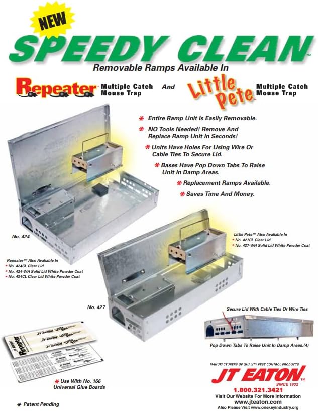JT Eaton 427CL-WH Speedy Clean Little Pete Extra Narrow Multi Catch Inspection Window and Quick Ramp Compatible Mouse Trap, Clear Lid, White