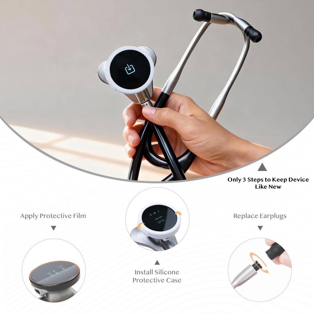 All-in-One Protection Kit for EKO CORE 500 Digital Stethoscope, 3 EPU Flexible Film, 3 Silicone Protective Cover, 6 Rubber Ear Tips, Round Protection for Daily Use, Compatible with EKO Stethoscope