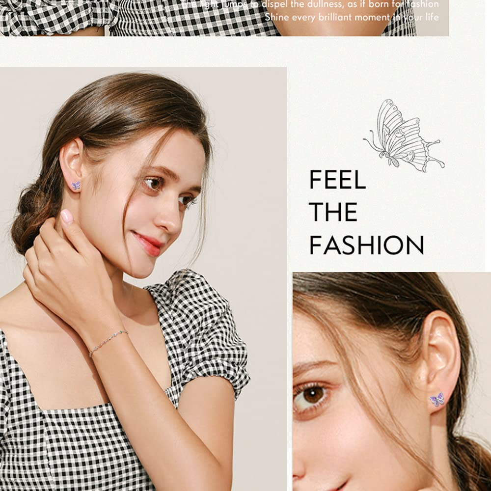 TOPBRIGHT 8 Pairs Hypoallergenic Earrings 925 Sterling Silver Stud Earrings Purple Heart CZ Tiny Butterfly For Kids, Toddlers, Little Girls, Teens, Women