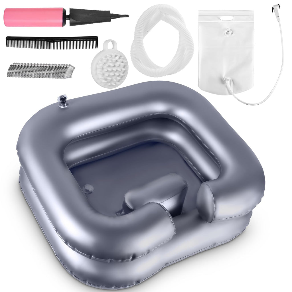 Inflatable Shampoo Basin, Loc Detox Tub for Dreads, Shampoo Buddy Bowl for Bedridden, Disabled,Injured with 2.5 GL Portable Water Shower Bag（Silvery）