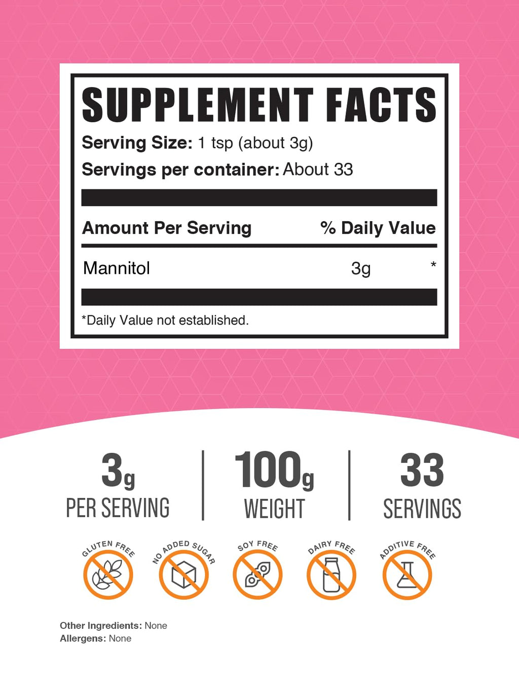 BulkSupplements.com Mannitol Powder - Mannitol Sweetener, Sugar Substitute, Mannitol Supplement, Natural & Gluten Free, 3g per Servings, 100g (3.5 oz) (Pack of 1)