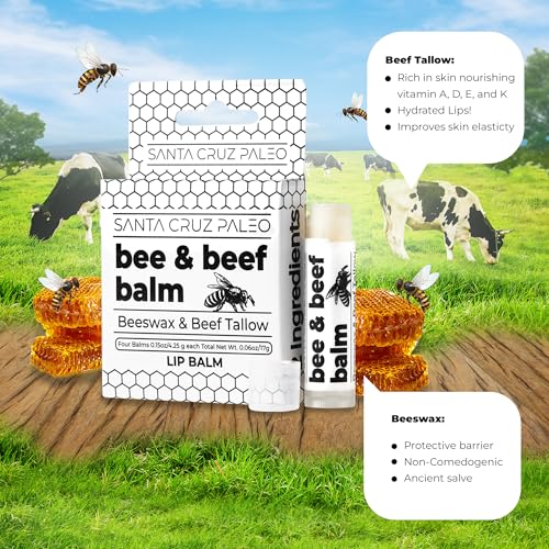 Santa Cruz Paleo Grass Fed Beef Tallow & Beeswax Lip Balm, 4 Pack, Beef Tallow for Skin Care Moisturizer, Lip Care for Dry Chapped Lips, Hypoallergenic for Sensitive Skin, Long Lasting & Vitamin Rich
