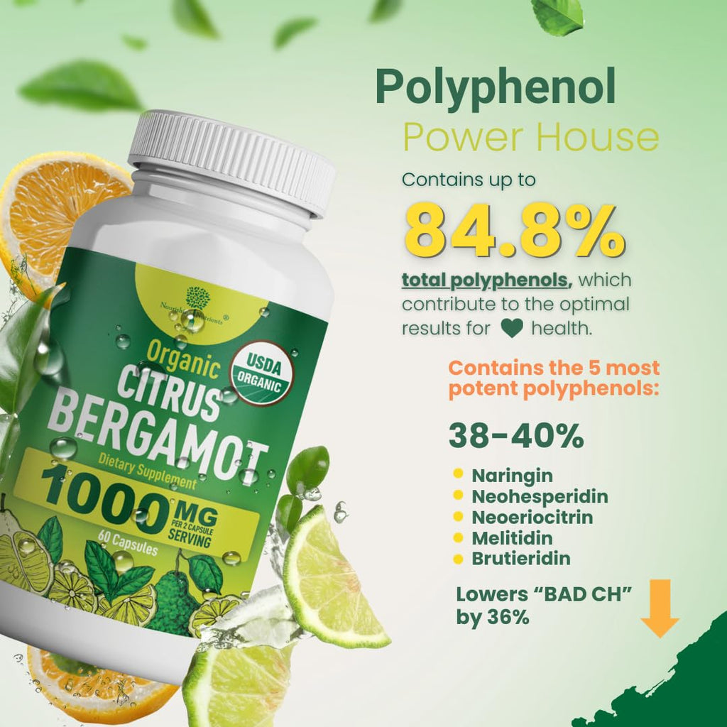 Organic Citrus Bergamot Supplement - Only USDA Organic, 50% Polyphenols - Cholesterol - Heart - Lipids- 3rd Party Tested - USA Made Supplement Vegan Capsules - Enhances Overall Wellness