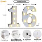 Pooqla Decorative Led Light Up Number Letters, White Plastic Marquee Number Lights Sign 16th Birthday Decorations for Girls Boys Party Wedding Decor Battery Operated Number (16)