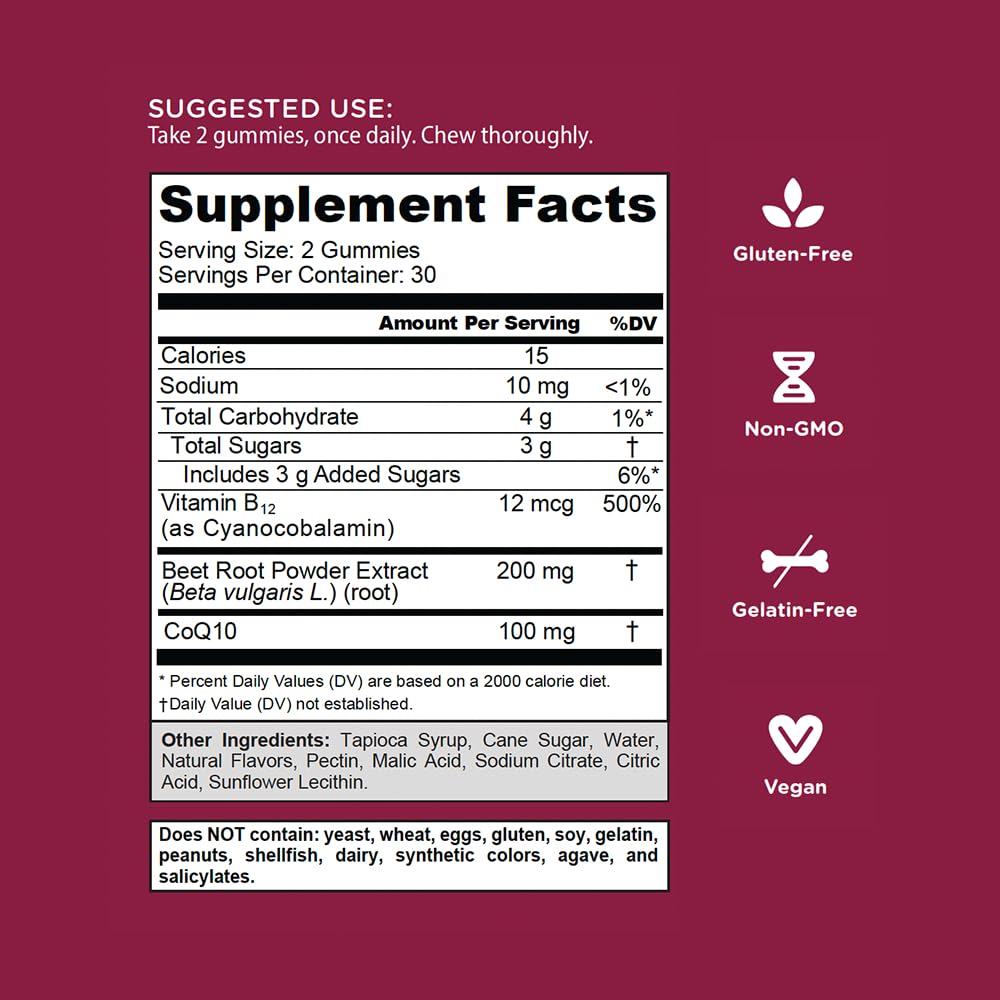 Goli Beets Cardio Gummies with CoQ10 and Vitamin B12 - Beetroot Extract - Cardiovascular Wellness - Vegan, Non-GMO, Gluten-Free - 60 Count (3 Pack)