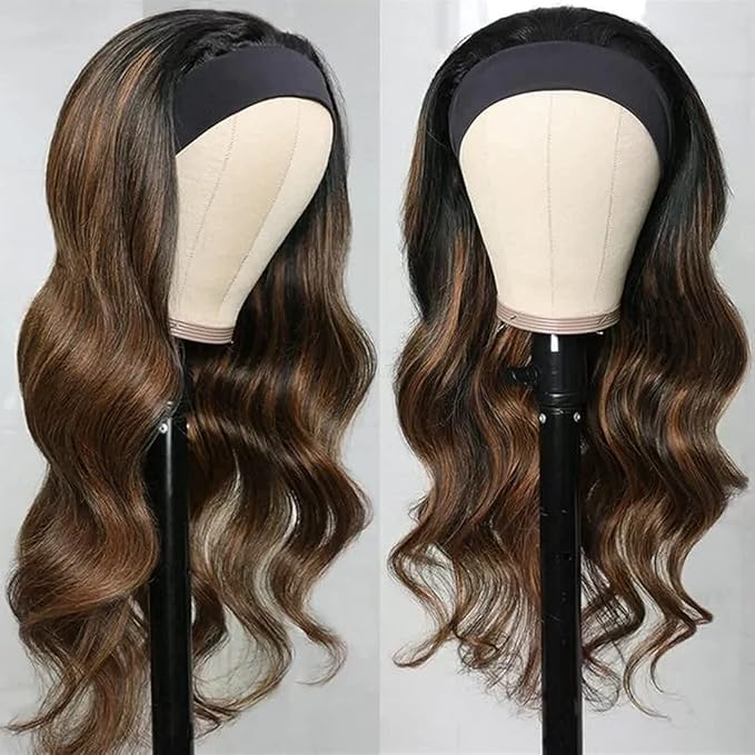 Headband Wig Human Hair Body Wave Headband Wigs for Black Women human hair Blonde Wig 4/27 Highlight Wear and Go Glueless Wig 100% Brazilian Virgin Human Hair Headband wig 150% Density(24inch)