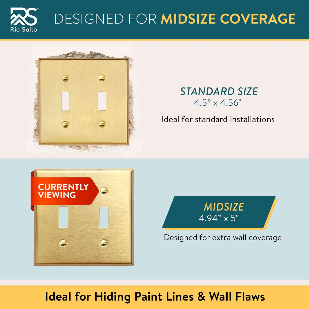 Rio Salto MIDSIZE BRASS Signature Collection Decorative Brushed Brass Gold Metal Outlet Covers, Light Switch Cover Plate, Premium Wall Plate Covers, 2-Gang Double Toggle Flip Switch 5" x 4.94", 1-Pack