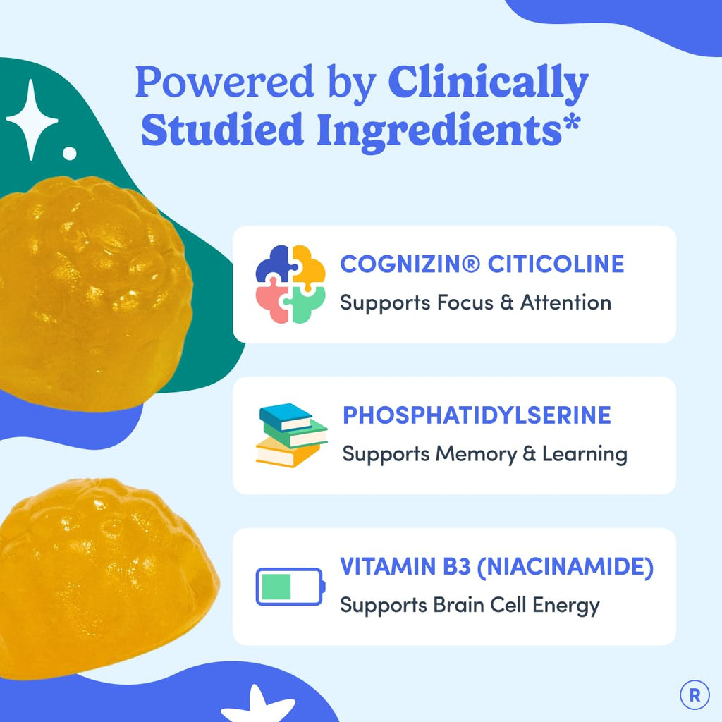 FIRST DAY Teen Brain & Focus Supplement Gummies Ages 13–18 | Study & Concentration Support with Cognizin® Citicoline & Phosphatidylserine | Vegan, Non-GMO, Caffeine-Free | 30-Day Supply