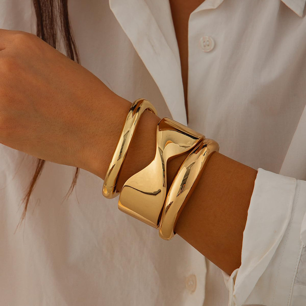 Impurain Gold Bangle Bracelets for Women Silver Plated Wide Wire Chunky Cuff Bracelets Trendy Hinged Cuff Open Wide Chunky Silver Bracelet Irregular Minimalist Bangle Jewelry (gold-2)