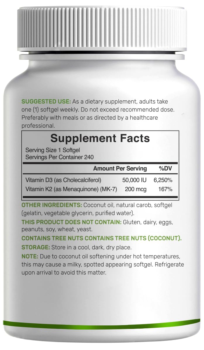 DEAL SUPPLEMENT Vitamin D3 50,000 IU + K2 MK7 200mcg Softgels, 240 Count | 2-in-1 Complex with Virgin Coconut Oil | Supports Heart, Bone, Teeth & Immune Health | Easy to Swallow