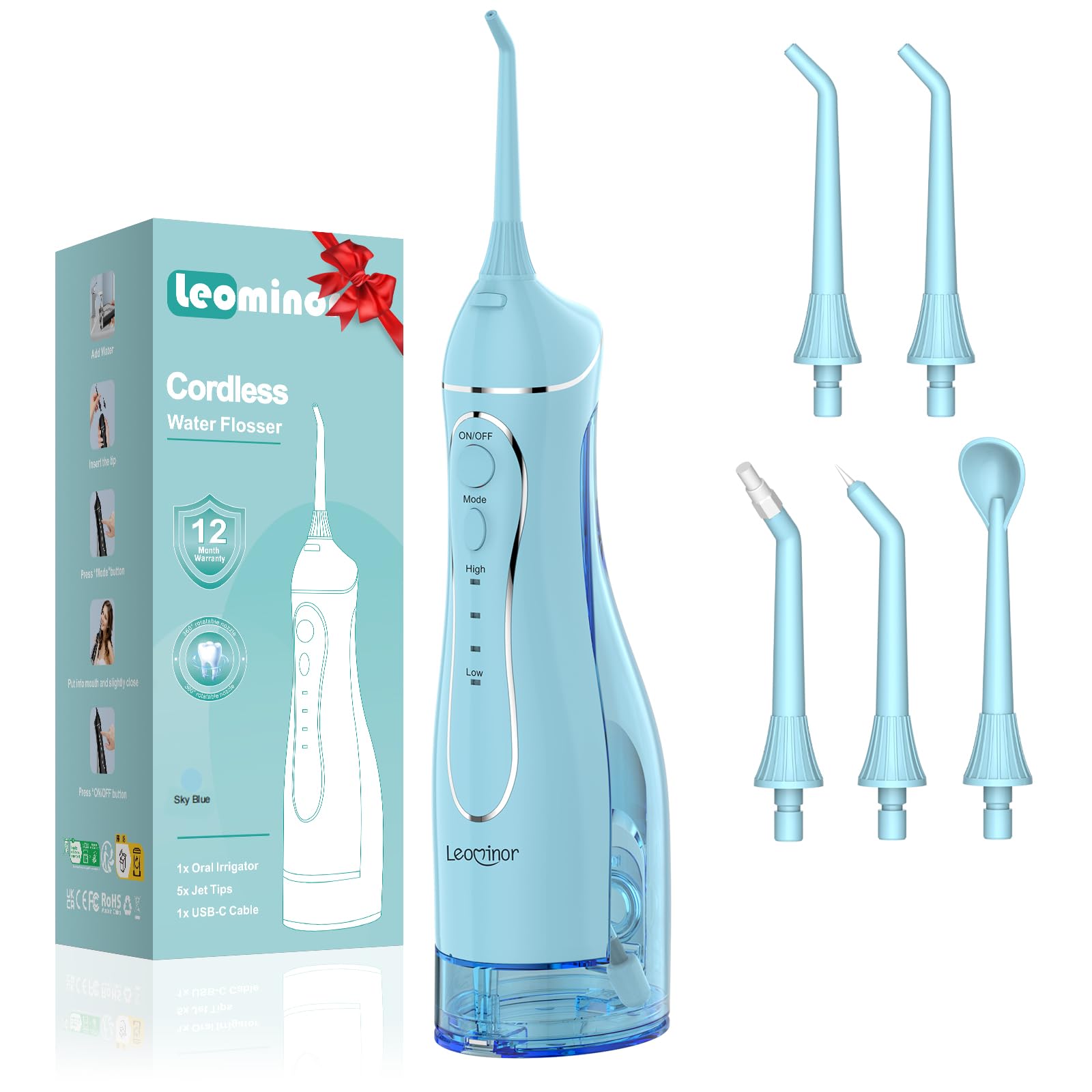 Leominor Water Dental Flosser Pick for Teeth, 300ML Portable Oral Irrigator Upgraded Tank Removable,IPX7 Waterproof, Rechargeable Travel Teeth Cleaner, Professional Electric Flossing Machine