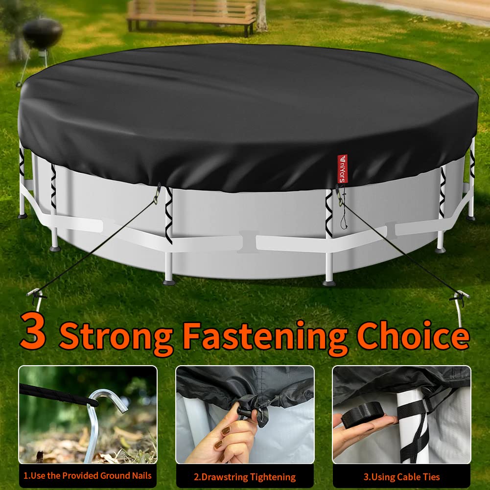 VniYors 12 Ft Round Pool Cover, Heavy-Duty Waterproof Dustproof Solar Pool Cover for Above Ground Pools, Hot Tub Cover with Drawstring and Ground Nails, Black