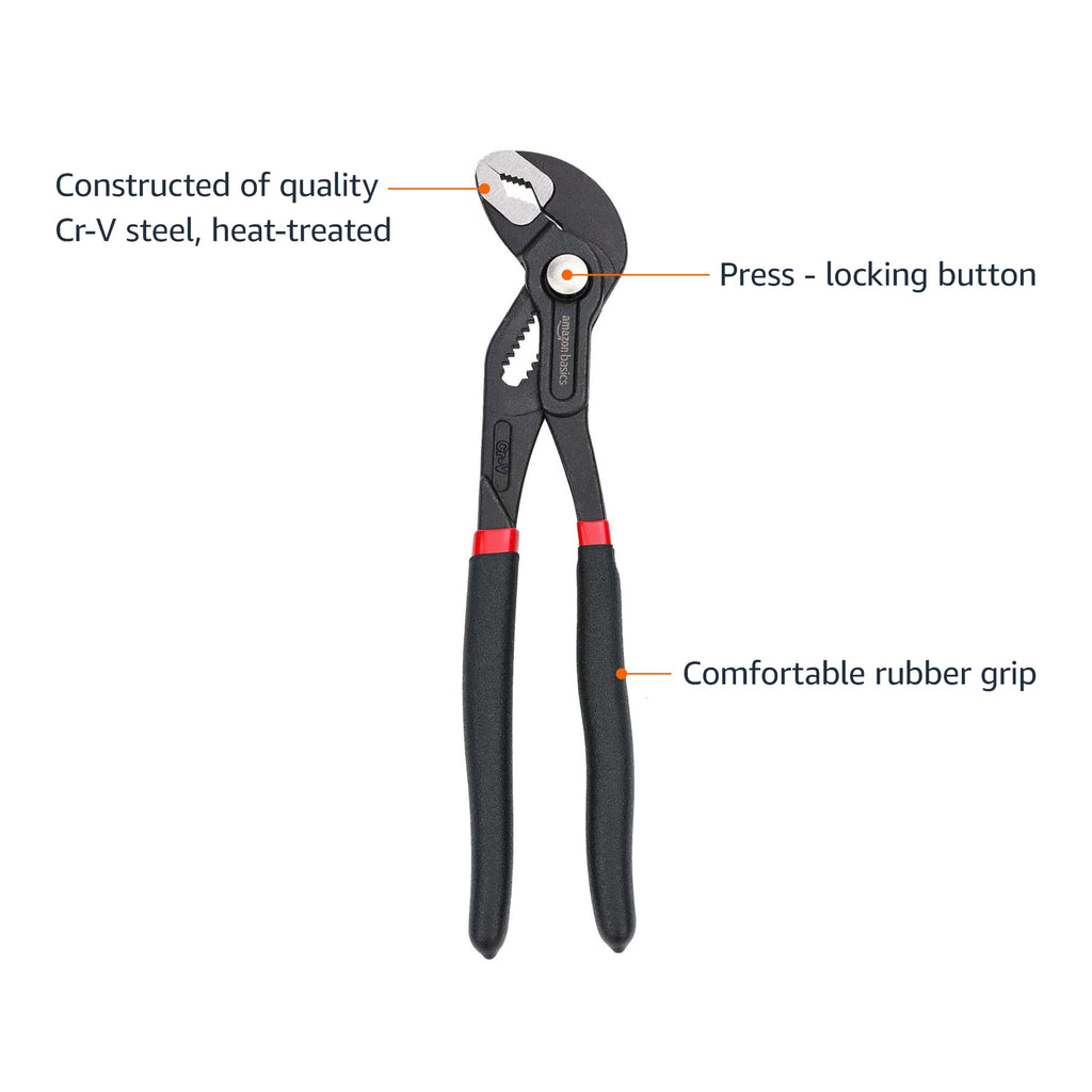 Amazon Basics 3-Piece Quick Release Groove Joint Pliers Set, Drop Forged Chrome Vanadium Steel with Comfortable Rubber Grip, Adjustable, 7-inch, 10-inch, and 12-inch, Black