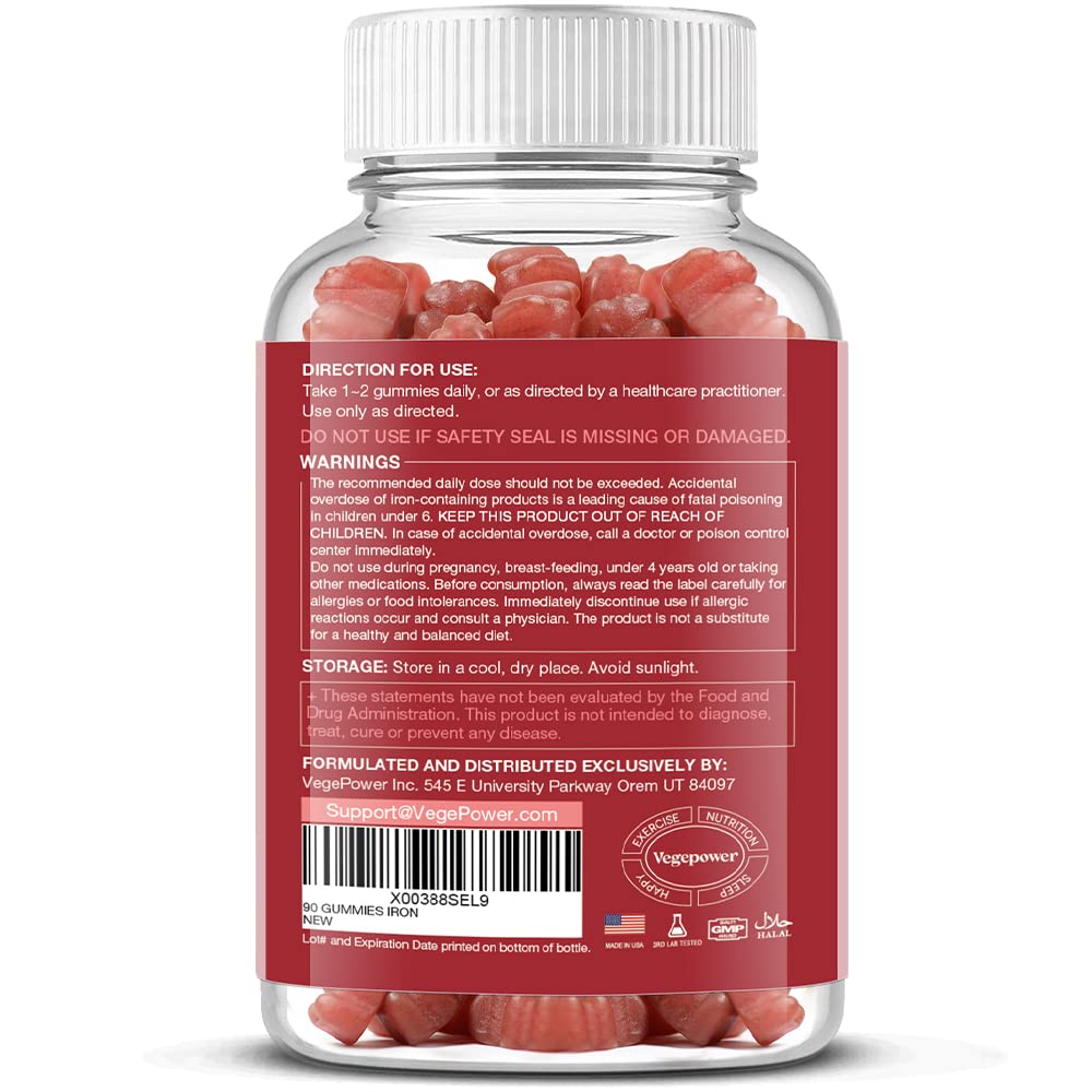 Iron Gummies Supplements for Women & Kids - Multivitamin with Vitamin C for Energy Support, Great Tasting Iron Gummy Vitamins with Vitamin C for Max Absorption - Vegan, Strawberry 90 Count