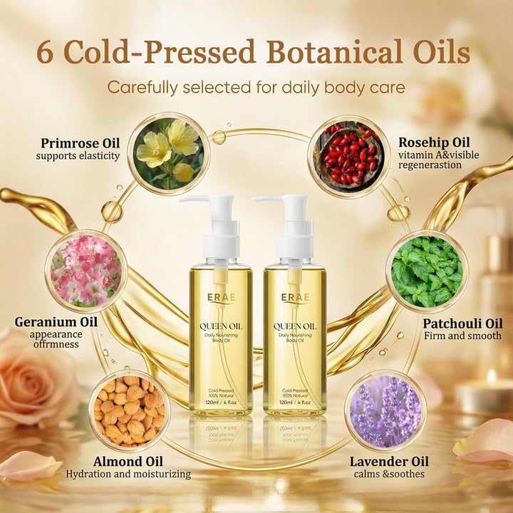 SDUQULK ERAE Queen Oil, Cold-Pressed Botanical Body Oil, Lightweight Daily Hydrating & Moisturizing Oil for Arms, Tummy & Thighs, Deeply Nourishing, 2 Pack (120 ml / 4 fl oz Each) (2 PCS)