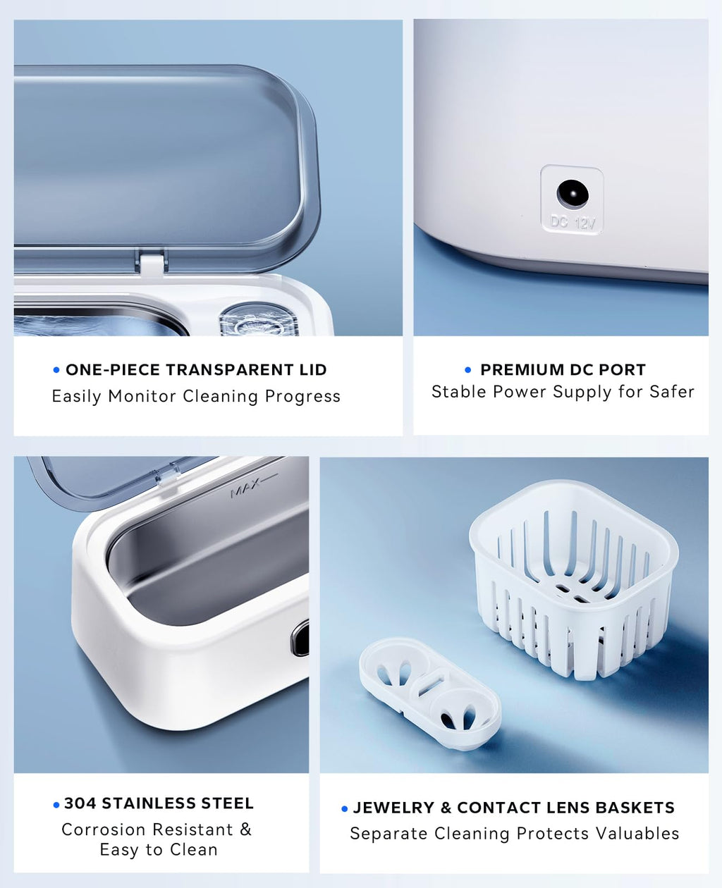 SUNPOW Ultrasonic Jewelry Cleaner Machine– Dual Chambers for Contact Lenses & Jewelry, 45kHz Sonic Cleaner for Silver & Gold, Rings, Earrings, Glasses, Watches, Necklaces – Quiet 45dB, Deep Cleaning