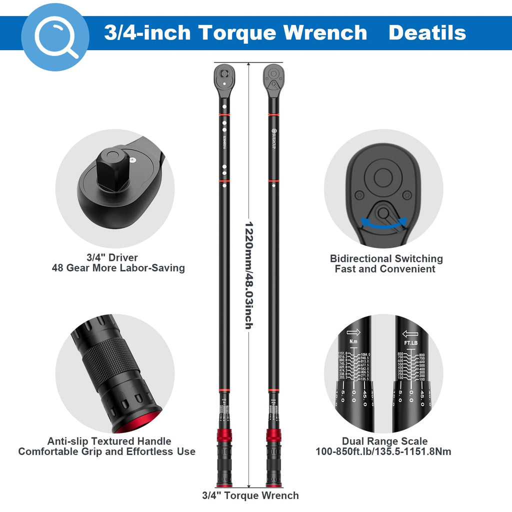 SUERCUP 3/4-inch Drive Click Torque Wrench, 100-850ft.lb/135.5-1151.8Nm Adjustable 48 Tooth Drive Click Torque Wrench with Buckle for Car, Truck Maintenance and Product Assembly