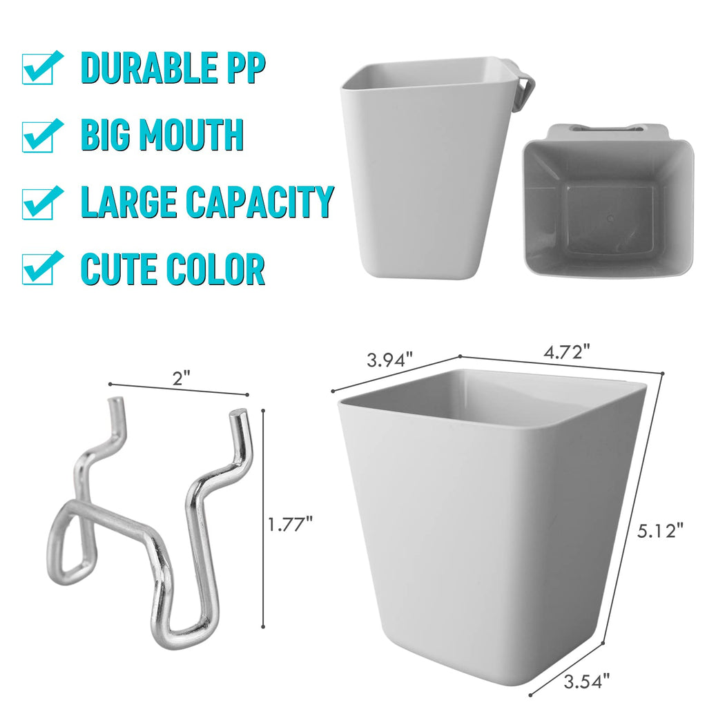 G.CORE Large Pegboard Cups Peg Board Storage Bin 6 Pack with Hooks, Square Box Shape Pegboard Cup Holder Accessories for Garage Workbench/Craft Room/Office/Playroom/Home Kitchen Organization (Grey)