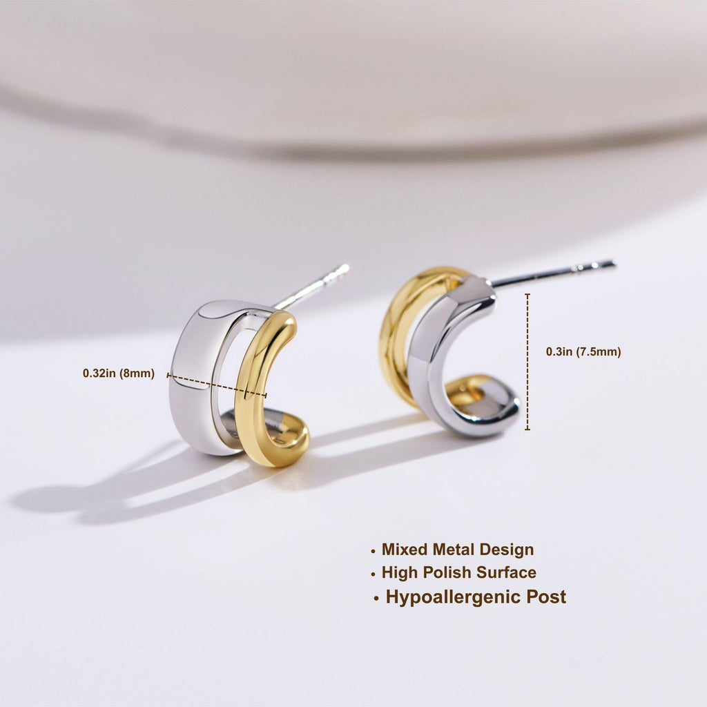 NOKMIT Two Tone Huggie Hoop Earrings for Women, Dainty 14K Gold and Silver Mixed Metal C Shaped Hoops, Small Multi Statement Geometric Earrings, Plain High Polish Non Tarnish Jewelry Gifts