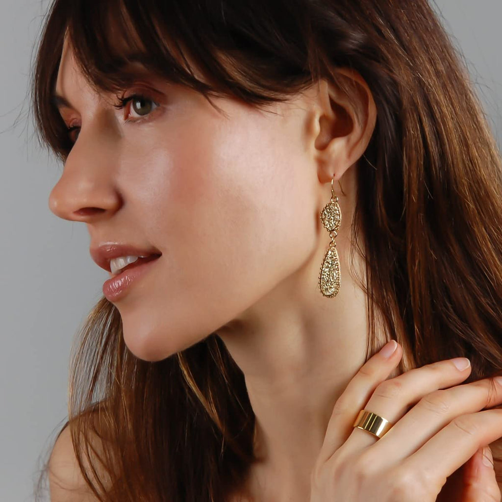 Gold Tone Earrings for Women Dangle - Faux Druzy Long Double Tear Drops