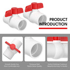 EPHECH 2PCS 2" PVC Ball Valve, SCH40 Slip PVC Water Pipe Valve with Easy Turn Red T-Handle, Shut-Off PVC Ball Valve Socket for Swimming Pool, Sprinkler Lines, Outdoor Plumbing & Irrigation System